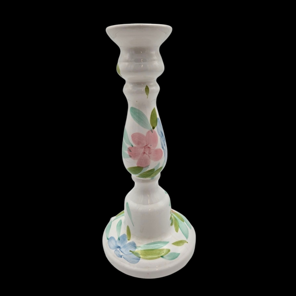 Vintage Hand Painted Floral Ceramic Candlestick Holder Pink Blue Green White